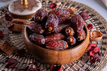 Ramadan Dates Palm Fruit On A Wooden Plate. 
