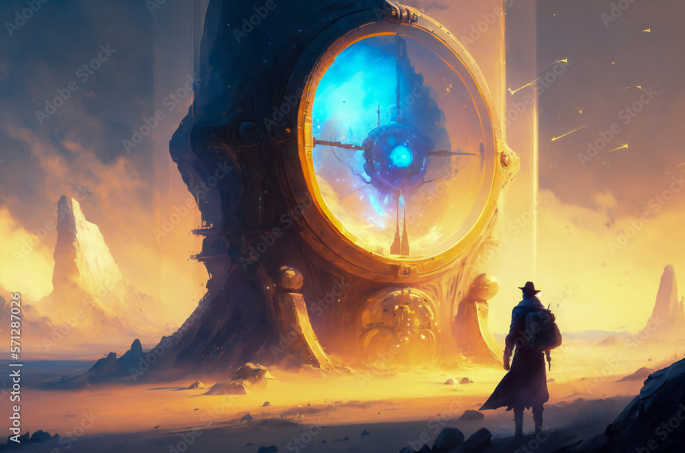Poster illustration of a lonely man in the desert, in front on an blue luminescent alien device. created wi