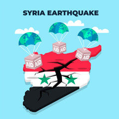 Cajas de ayuda humanitaria aterrizando sobre mapa de terremoto de Siria - obrazy, fototapety, plakaty