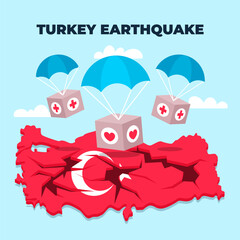 Cajas de ayuda humanitaria aterrizando sobre mapa de terremoto de Turquía