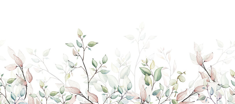 Watercolor painted floral frame. Arrangement with branches and leaves. Cut out hand drawn PNG illustration on transparent background. Watercolour clipart drawing...