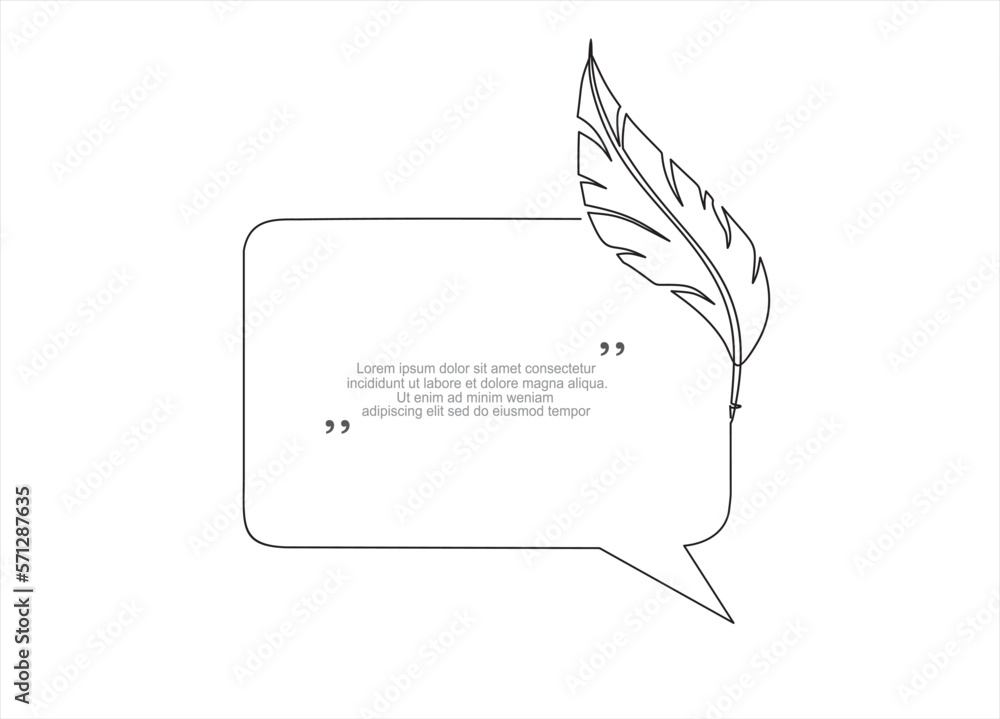 Poster continuous one line drawing of calligraphic feather and speech bubble. trendy line art vector on a w
