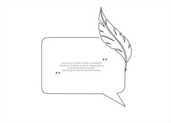 Continuous one line drawing of calligraphic feather and speech bubble. Trendy line art vector on a white background. Vector illustration.
