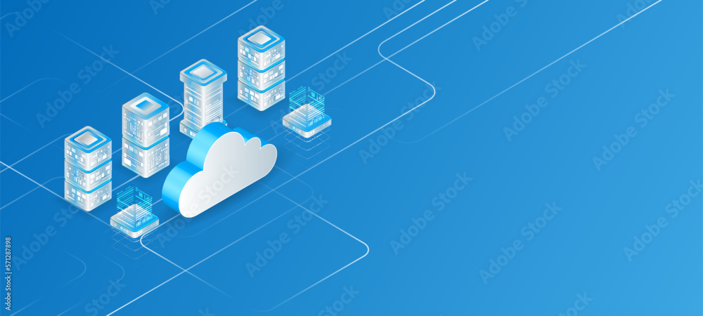 Poster Cloud technology isometric background. Computer technology, server room, and equipment for internet networks. Data cloud storage technology. Database and data center vector illustration.