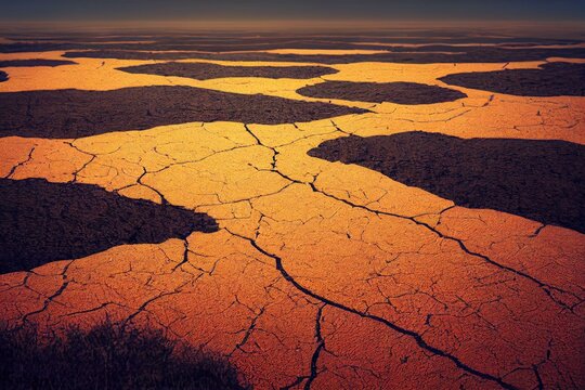 Climate change cycle as a dried or dry cracked land suffering from drought turning into rich moist organic earth with a growing young plant as a composite. Generative AI © Roman