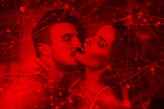 Sexy passionate couple foreplay at home with online connections concept in red light