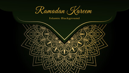 Ramadan kareem islamic greeting card background. Greeting card background with a mandalas ornament and golden lines.