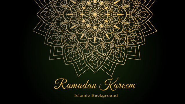 Ramadan kareem islamic greeting card background. Greeting card background with a mandalas ornament and golden lines.