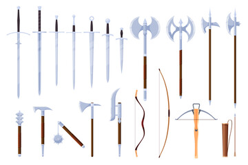 Medieval melee weapons for attack and defense. Forged metal swords, axes, ranged weapons. Vector illustration