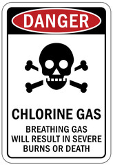 Chlorine chemical warning sign and labels chlorine gas, breathing gas will result in severe burn or death