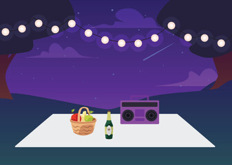 Romantic date night outdoors with tablecloths served for two, flat vector.