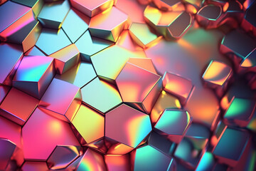Vibrant holographic abstract bg with metallic geometric shapes for digital designs. Dynamic light & color play for a mesmerizing effect. Ideal for presentations, websites, social media. Trendy graphic