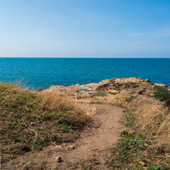 Panorama front view landscape Blue sea and sky blue hill morning day look calm summer Nature...