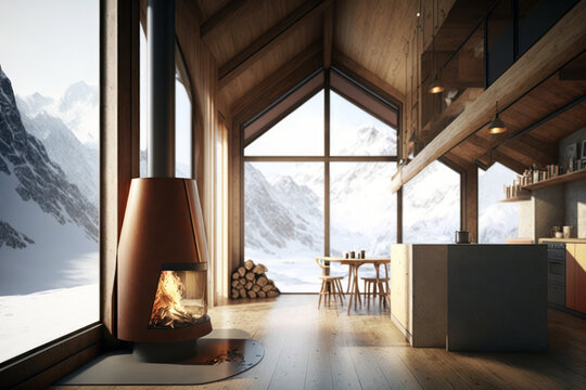 Mountain challet interior, living room with fireplace in winter, snowy landscape view out of windows. Generative AI