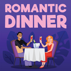 Romantic dinner poster template with happy couple sitting at restaurant, flat vector illustration.