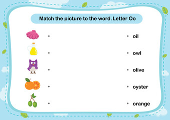 Match words with the correct pictures letter O illustration, vector