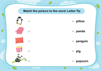 Match words with the correct pictures letter P illustration, vector