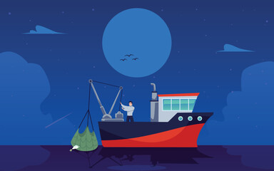 Night marine landscape with fishery boat and fisherman flat vector illustration.