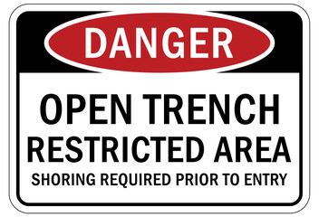 Open trench and pit sign and labels open trench restricted area. Shoring required prior to entry