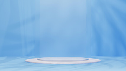 3d render background blue stand, pedestal, podium, award, showroom interior blue background, geometric light blue, leafs drop shadow, sky color, product presentation, beauty cosmetics backdrop design