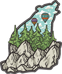 Adventure print in the form of bear. Wild life in nature and outdoor forest camping