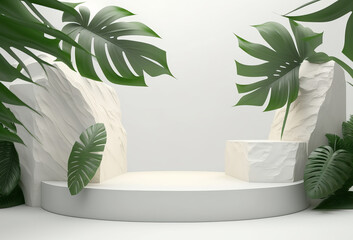 Product display podium for natural product. Empty scene with tropical leaves. Generative ai
