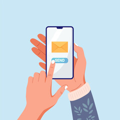 Hand holding smartphone with mail app. Mobile phone with envelope and send button on screen. Person sending letter by phone app. Man creates new email message, sms. Online marketing and business