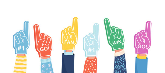 Set of colorful foam hand. Cheering Sports Fans. Fan foam fingers for show support for a team on championship game. Encouragement symbol. Number one and best