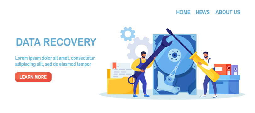 Data recovery service, data storage backup. People in worker uniform repairing HDD. Hardware hard disk repair. Restoration process and protection