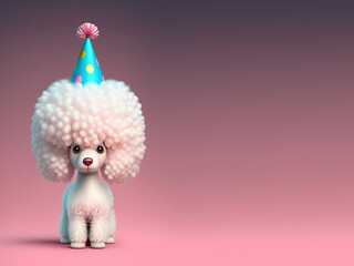 Cute Cartoon Birthday Poodle on a Pink Background (Created with Generative AI)