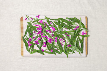 Herbal tea from kipreya leaves drying on wooden try on linen fabric table background, fireweed green leaves and flowers. Flavored herbal tea from natural wild plants, healing beverage.