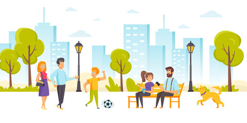 Funny people spending time together in park. Happy family with son playing football, father and daughter sitting on bench and talking, dog running along street. Flat cartoon illustration.
