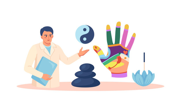 Acupuncture therapy, chinese alternative medicine for disease prevention. Hand reflexology chart with description of corresponding internal organs. Stress relief. Acupuncturist analyzes reflex zones