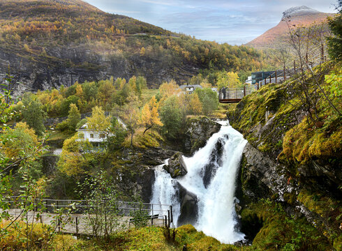 waterfall at geiranger fjord in autumn