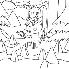 Unicorn coloring page for kids, blank printable design for childern to fill in 