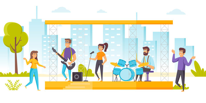 Happy people enjoying music at open air concert, summer musical performance. Musicians and singers performing on outdoor stage and fans or audience dancing around. Flat cartoon illustration.