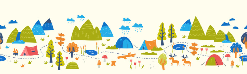 Cute hand drawn vector seamless pattern with camping doodles, tents, landscape and trails, great for textiles, banners, wallpapers