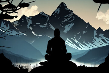 The silhouette of a Buddhist monk meditates against the backdrop of mountains. Generative AI