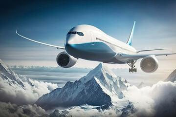 Boeing aircraft flies over snow-capped mountains. Generative AI.