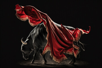Black powerful bull with red cloth on a black background. The concept of fortitude. Generative AI