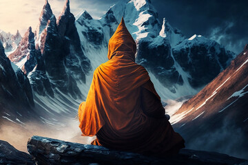 A Buddhist monk in the lotus position meditates against the backdrop of the Tibetan mountains, view from the back. Generative AI