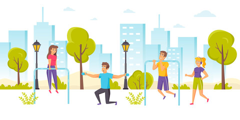 Happy men and women jogging or running, performing pull-ups, exercising with dumbbells in park. Outdoor sports training, street strength workout, healthy lifestyle. Flat cartoon illustration.