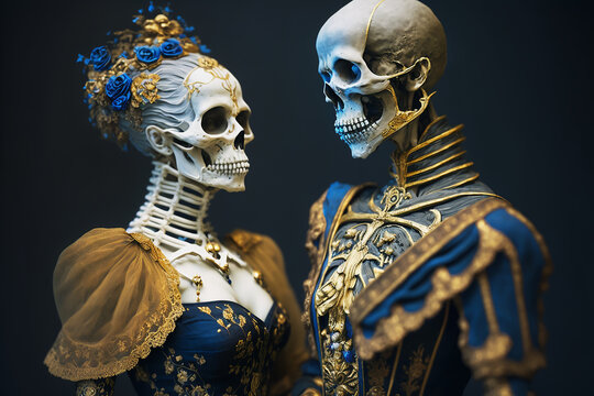 The skeleton of a couple in love as a symbol of eternal love. Generative AI.