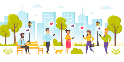 Men and women sending internet messages via cellphones. People sitting on bench or walking in park and using their mobile phones to receive feedback on social media. Flat cartoon illustration.