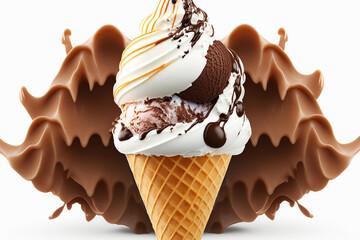 Chocolate poured ice cream cone isolated for designer. Generative AI.