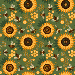 Seamless pattern with cute bees and sunflower 