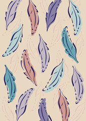 Pattern from various stylized bird's feather in beige tones. Vector illustration isolated on beige background. Vintage style. Pale blue lilac feathers. Hand drawn illustration.