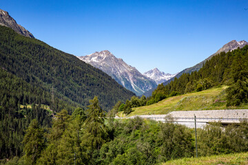What a beautiful view in Swiss alps and Bernina pass on the mountain road Italy 