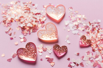 Naklejka na ściany i meble Valentine's Day background. Shades of pink resin hearts with glitters on light pink background. Flat-lay, top view. Generative AI technology.