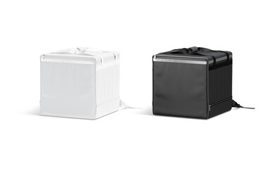 Blank black and white delivery bag mockup, half-turned view